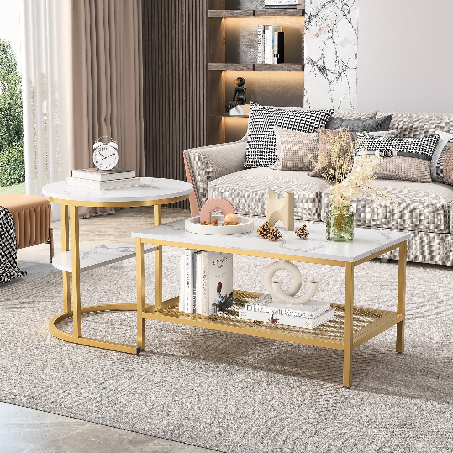 2-in-1 Salontafel Set – Woonkamertafel – Bijzettafel – Koffietafel – Ronde Tafel – Goud Metalen Frame – Kunstmarmeren Blad – Extra Opbergruimte