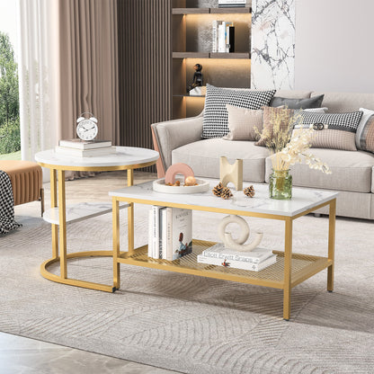 2-in-1 Salontafel Set – Woonkamertafel – Bijzettafel – Koffietafel – Ronde Tafel – Goud Metalen Frame – Kunstmarmeren Blad – Extra Opbergruimte