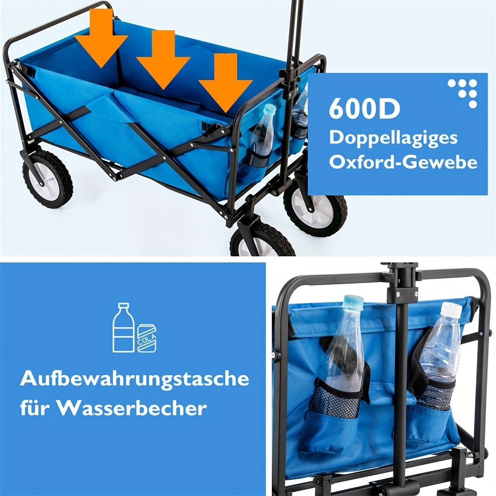 Bolderkar – Bolderwagen – Opvouwbare Handkar – Strandkar – Tuinkar – 360° Draaibare Voorwielen – Verstelbare Handgreep – Blauw – Met Bekerhouder En Zijvak