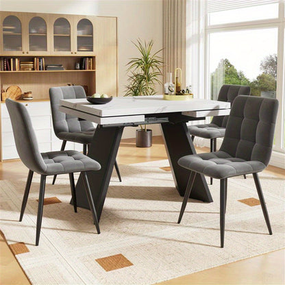 5-delige Eettafelset – Uitschuifbare Eettafel – Eetkamerset voor 4 Personen – Witte Tafel met Platte Poten – Grijze Velvet Stoelen – Ruimtebesparend – Comfortabel Ergonomisch Design