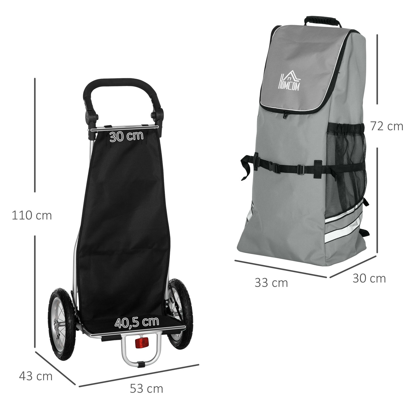 Fietskar – Fietsaanhanger – Winkelwagen – Aanhangwagen – Bolderwagen – Aluminium Frame – Waterafstotende Oxford Tas – Opvouwbaar – Max 24,3 kg – 53x43x110 cm – Grijs/Zilver