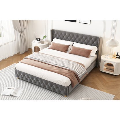 Gestoffeerd Bed – Velvet Bed – Eenpersoonsbed – Slaapbed – Lattenbodem Bed – Grijze Velvet Bekleding – 140 x 190 cm – Stevig Met Klinknagel Afwerking