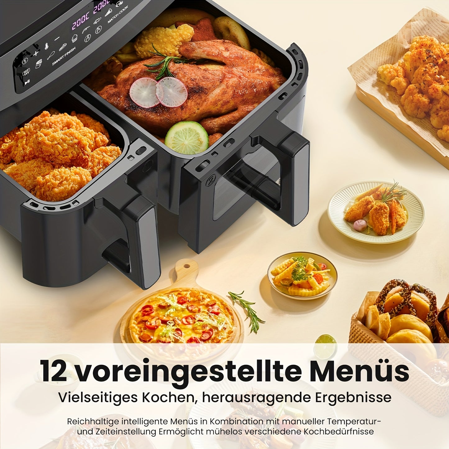Airfryer – Heteluchtfriteuse – Luchtfriteuse – Dubbele Friteuse – Luchtoven – XXL 10L Capaciteit – 12 Voorgeprogrammeerde Programma’s – Touchscreen Bediening – Gezond Bakken Met Weinig Olie