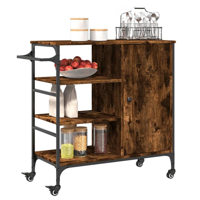 Keukentrolley – Keukenwagen – Serveerwagen – Keukenrek – Opbergtrolley – Rook Eiken – Hout & Staal – 87,5x38,5x84,5 cm