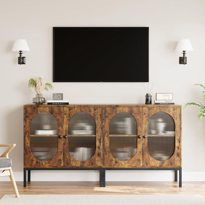 Set of 2 Rustic Buffet Storage Cabinets with 2 Fluted Glass Doors | European Style Hardwood Sideboard Accent Console Bar Cabinets for Dining Room, Kitchen, Living Room, Hallway, Floor Mount, Brown
