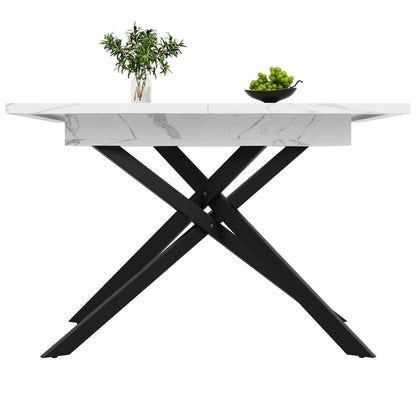 Eettafel – Dinertafel – Keukentafel – Salontafel – Eetkamertafel – Uitbreidbaar – Marmerlook Wit Tafelblad – Zwart Metalen Frame – Verstelbaar 120-160 cm – Ruimtebesparend Modern Design