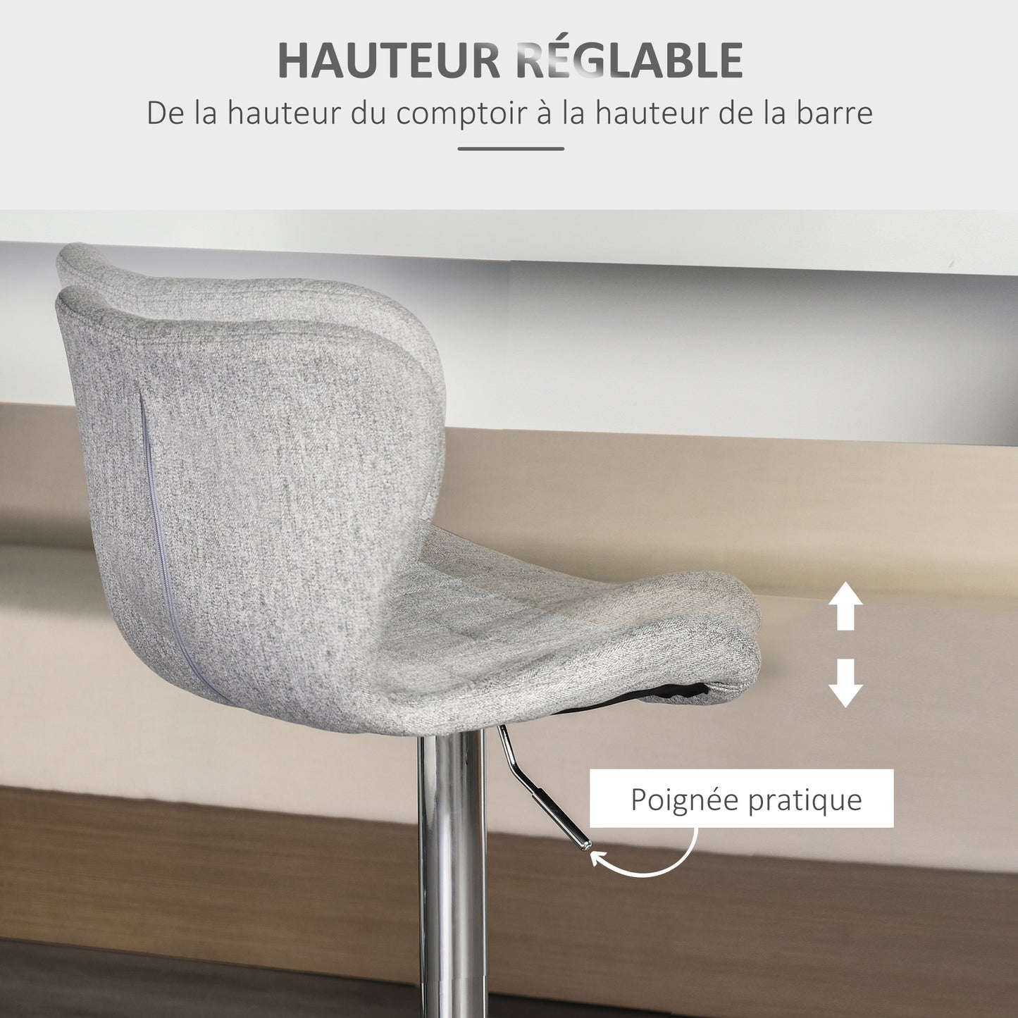 Barstoel – Barkruk – Keukenstoel – Verstelbare Kruk – Draaiende Barkruk – Set van 2 – Verstelbare Zithoogte 59-81 cm – 360° Draaibaar – Linnen Bekleding Grijs