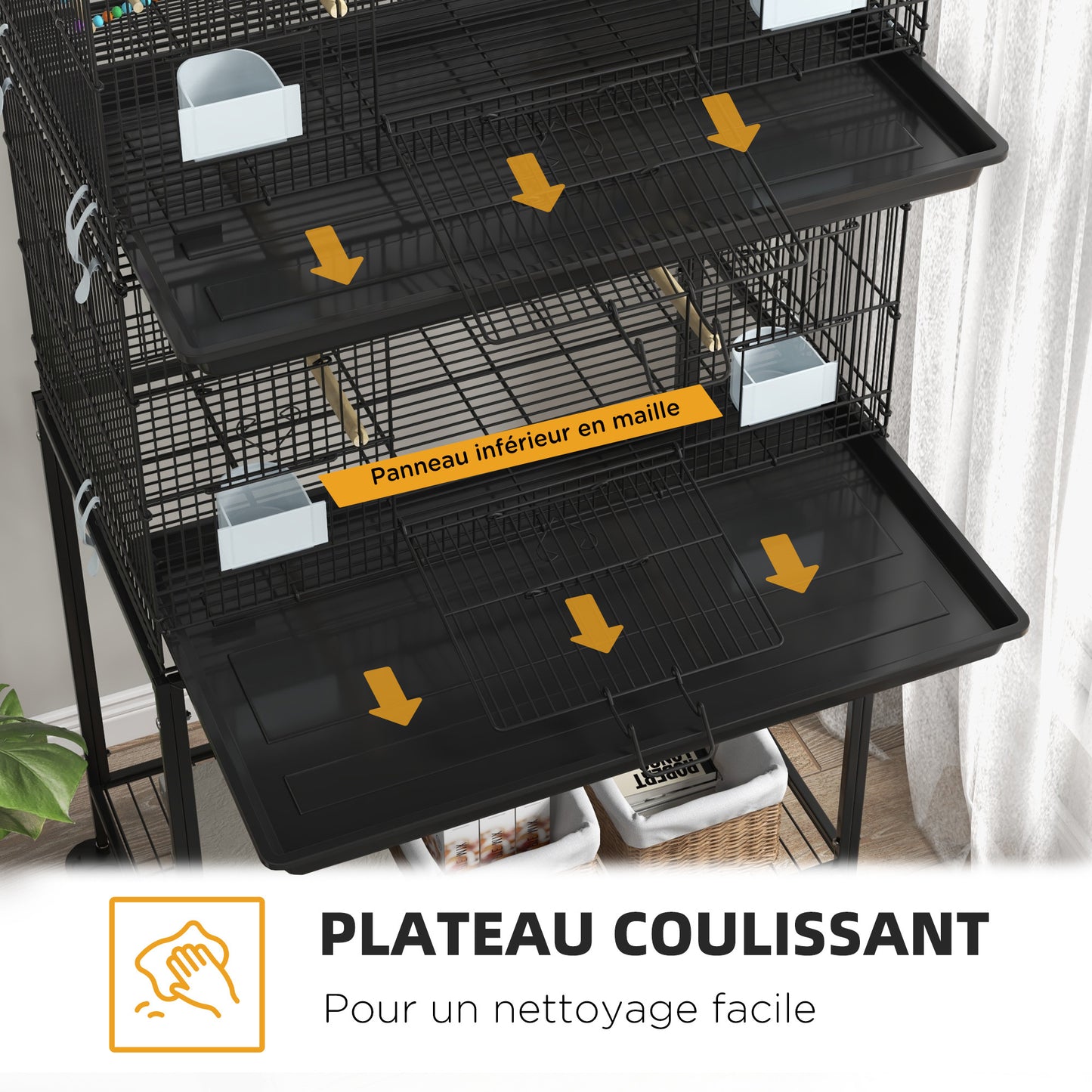 Dubbele Vogelkooi – Vogelkooi Met Standaard – Vogelkooi Groot – Parkietenkooi – Kanariekooi – Zwart Staal – Twee Lagen – Uitneembare Bodemlade