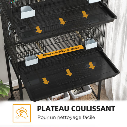 Dubbele Vogelkooi – Vogelkooi Met Standaard – Vogelkooi Groot – Parkietenkooi – Kanariekooi – Zwart Staal – Twee Lagen – Uitneembare Bodemlade