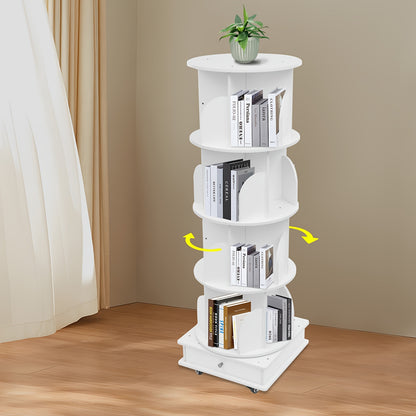 Draaibare Boekenkast – Boekenrek – Plankensysteem – Bibliotheekkast – Opberger – 4-Lagen Met 360° Zwenkwielen – Stevig Met Ruime Opbergruimte Wit