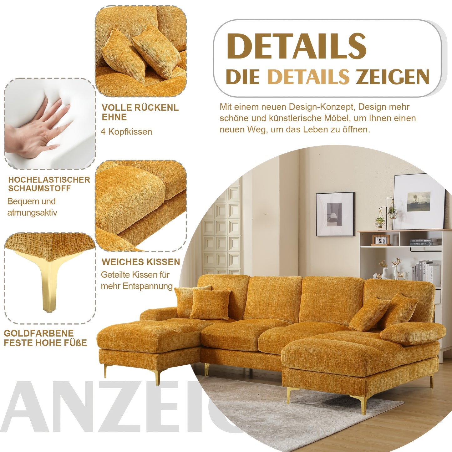 Hoekbank – U-Vormige Bank – Sectiebank – Loungebank – Slaapbank – Gele Chenille Stof – Dubbele Relaxfunctie – Stijlvol Modern Design