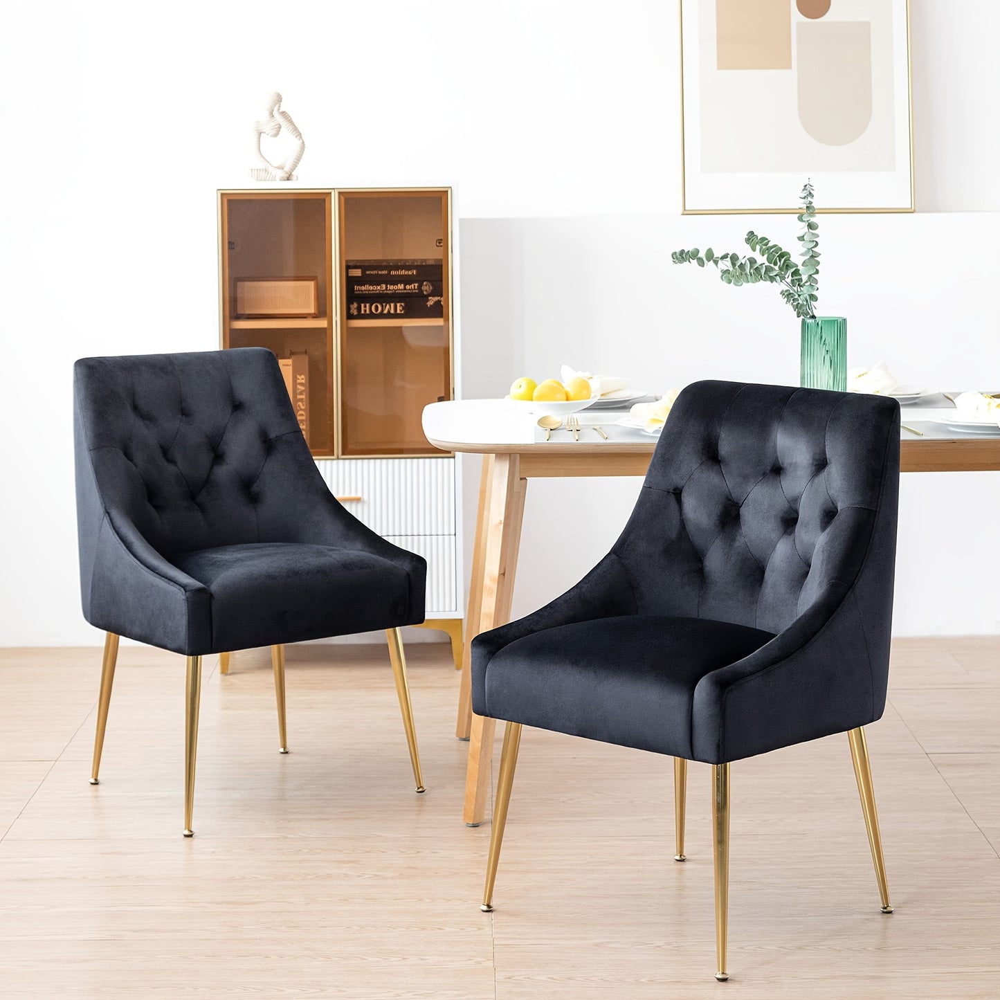 Eetkamerstoelen – Dining Stoelen – Velours Stoelen – Zwarte Stoelen – Set Van 2 – Comfortabele Zitting – Stevig Metalen Frame