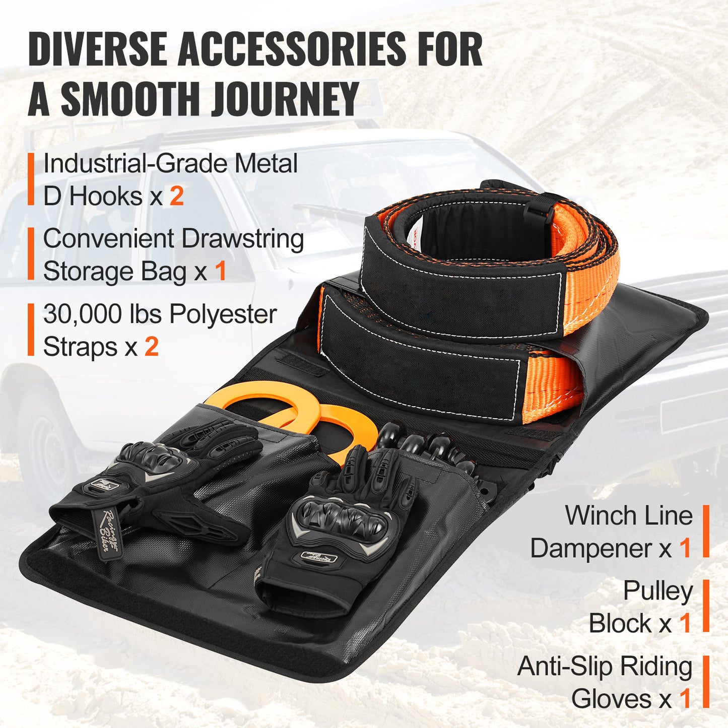 Trekband – Sjorband – Spanband – Sleepband – Off-Road Recovery Kit – Krachtige Polyester Banden 30.000 lb – Roestvrije Stalen D-Ringen 44.092 lb