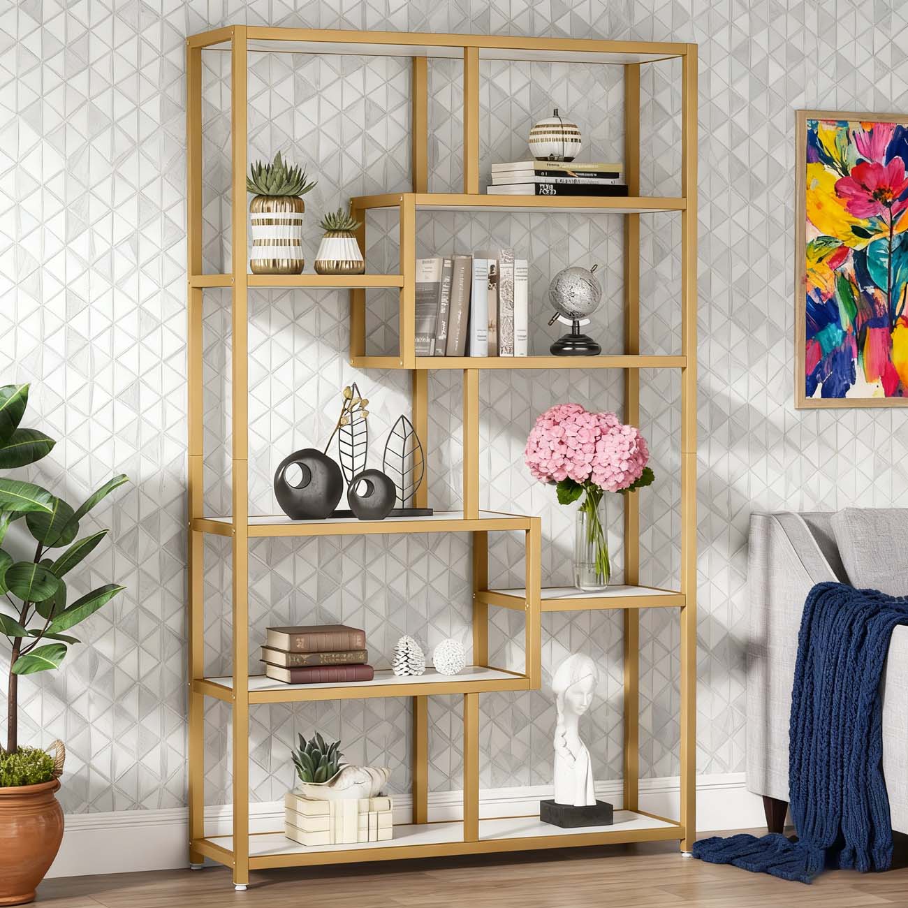 Boekenkast – Boekplank – Openkast – Vakkenkast – Wandrek – Wit Marmer/Goud – 8 Open Planken – Stevig Metalen Frame 180 cm