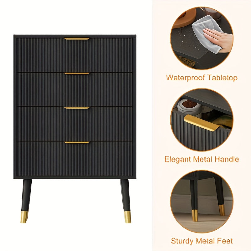 Ladekast – Ladenkast – Kommode – Opbergkast – Dressoir – Zwart – Gouden Poten & Handgrepen – 4 Ruime Lades – Stevig Hout & Metaal
