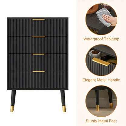 Ladekast – Ladenkast – Kommode – Opbergkast – Dressoir – Zwart – Gouden Poten & Handgrepen – 4 Ruime Lades – Stevig Hout & Metaal