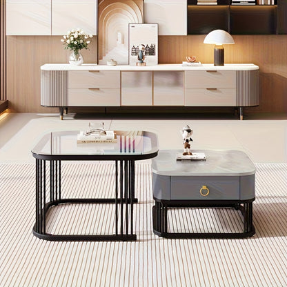 Expandable Modern Coffee Table with Marble-Look Glass Top & Black Metal Legs - Contemporary Minimalist Design, Hidden Storage Drawers, Space-Saving Expandable Center Table for Living Room, Durable Easy-Clean Surface, Assembly