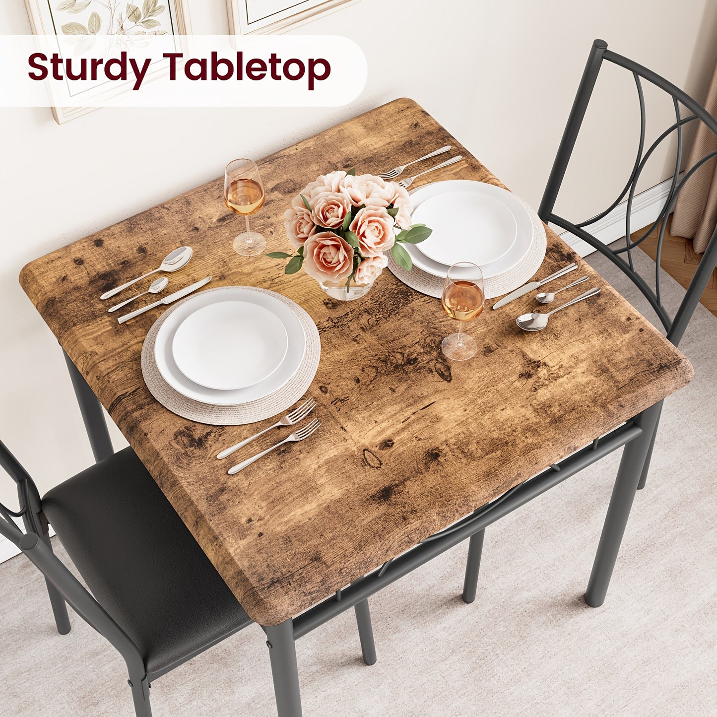 Eettafelset 2 Personen – Bistroset – Keukentafel Set – Diningset – Compact Meubel – Retro Bruin – Comfortabele Gestoffeerde Stoelen – Compact Vierkante Tafel