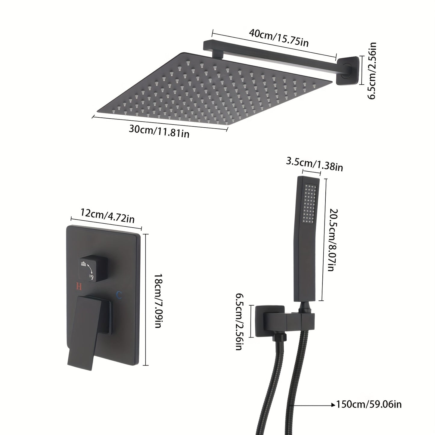 Regendouche Set – Douchekop – Handdouche – Badkamerkraan – Wandmontage – Zwart Mat – 30x30 cm Hoofddouche – Temperatuurregeling 0-90°C