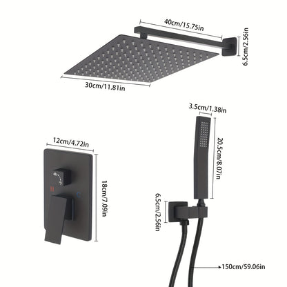 Regendouche Set – Douchekop – Handdouche – Badkamerkraan – Wandmontage – Zwart Mat – 30x30 cm Hoofddouche – Temperatuurregeling 0-90°C