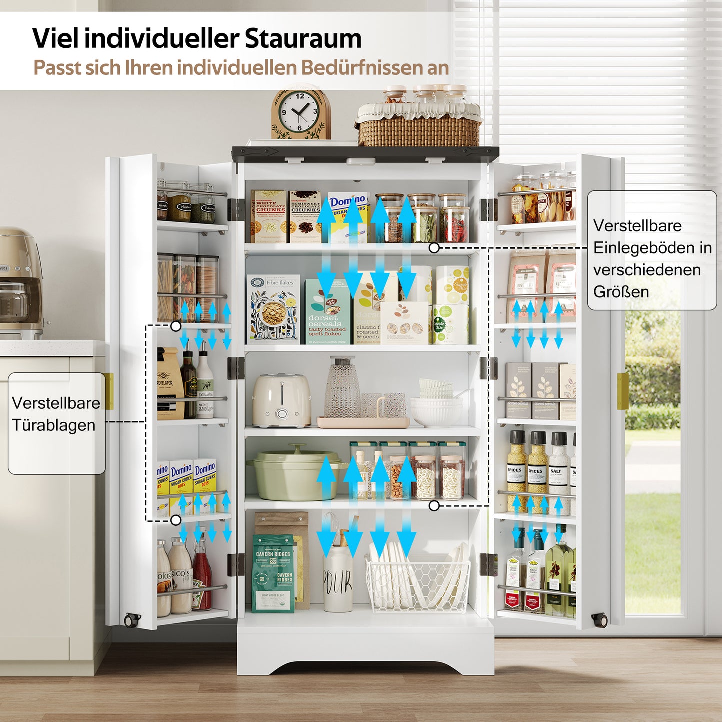 Keukenkast – Hoge Kast – Opbergkast – Voorraadkast – Keukenmeubel – Wit – Met Verstelbare Planken – MDF & Spaanplaat – 120x60,5x40 cm – Gouden Handgrepen