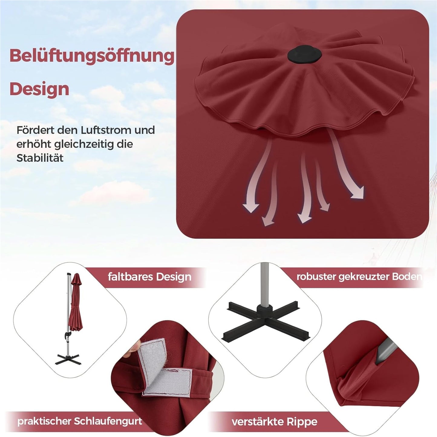 Zonneparasol – Tuinparasol – Terrasparasol – Marktparasol – Schaduwparasol – Ø 330 cm – 360° Draaibaar Met Knikarm – UPF 50+ Bescherming – Rood