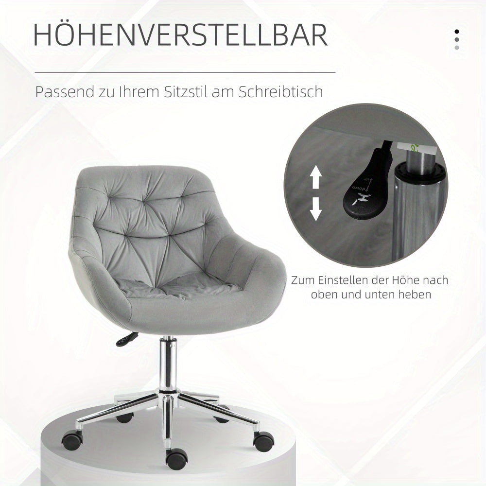 Bureaustoel – Kantoorstoel – Draaistoel – Ergonomische Stoel – Verstelbare Stoel – Compact Formaat – Hoogte Verstelbaar – Grijze Velvet Bekleding – Geschikt Tot 120 kg