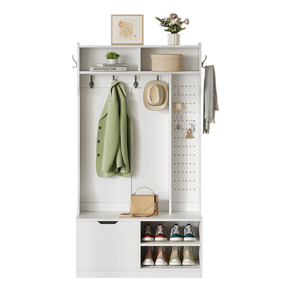 Garderobekast – Kledingkast – Halmeubel – Opbergkast – Kapstok – Wit – Met Bankje – 6 Haken – Ruimtebesparend – Eenvoudige Montage Zonder Gereedschap – 100x186x40 cm