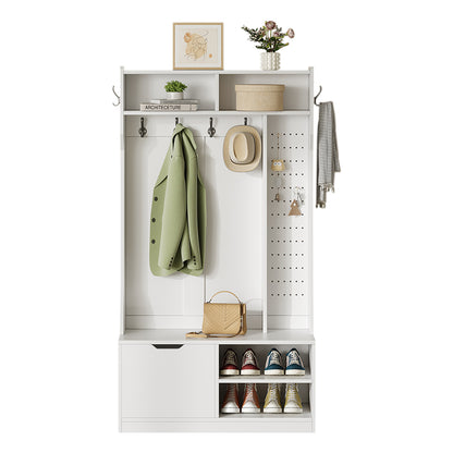 Garderobekast – Kledingkast – Halmeubel – Opbergkast – Kapstok – Wit – Met Bankje – 6 Haken – Ruimtebesparend – Eenvoudige Montage Zonder Gereedschap – 100x186x40 cm