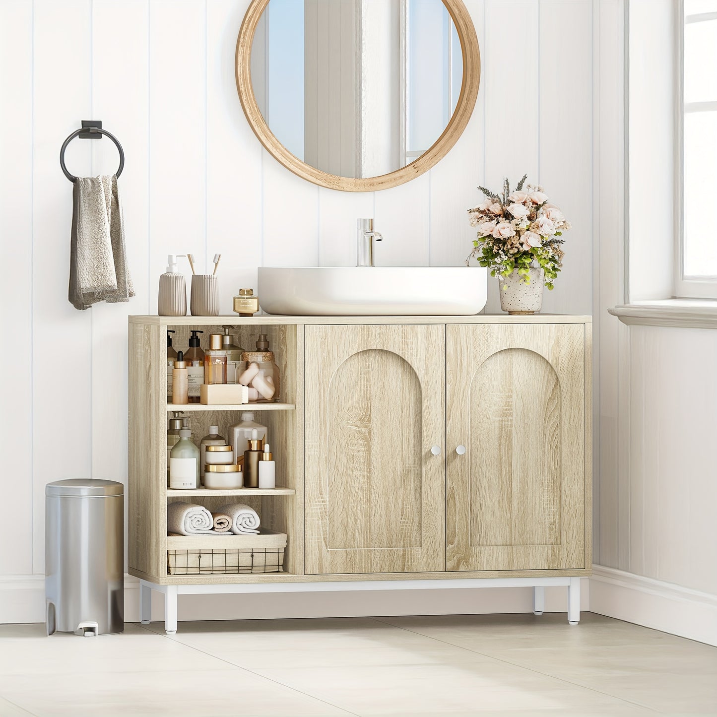 Badkamermeubel – Badkamerkast – Onderkast – Wastafelmeubel – Toiletmeubel – Licht Eiken – 2 Deuren Met Verstelbare Planken – Vochtbestendig P2 MDF Met Metalen Poten