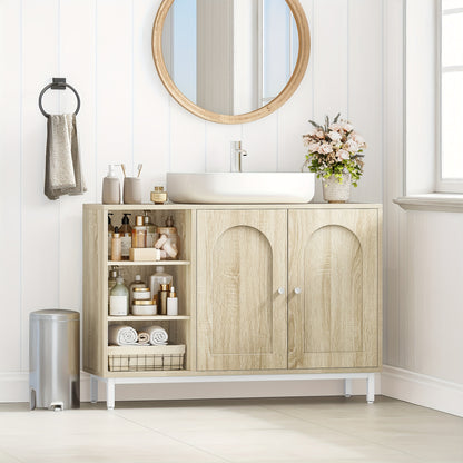 Badkamermeubel – Badkamerkast – Onderkast – Wastafelmeubel – Toiletmeubel – Licht Eiken – 2 Deuren Met Verstelbare Planken – Vochtbestendig P2 MDF Met Metalen Poten