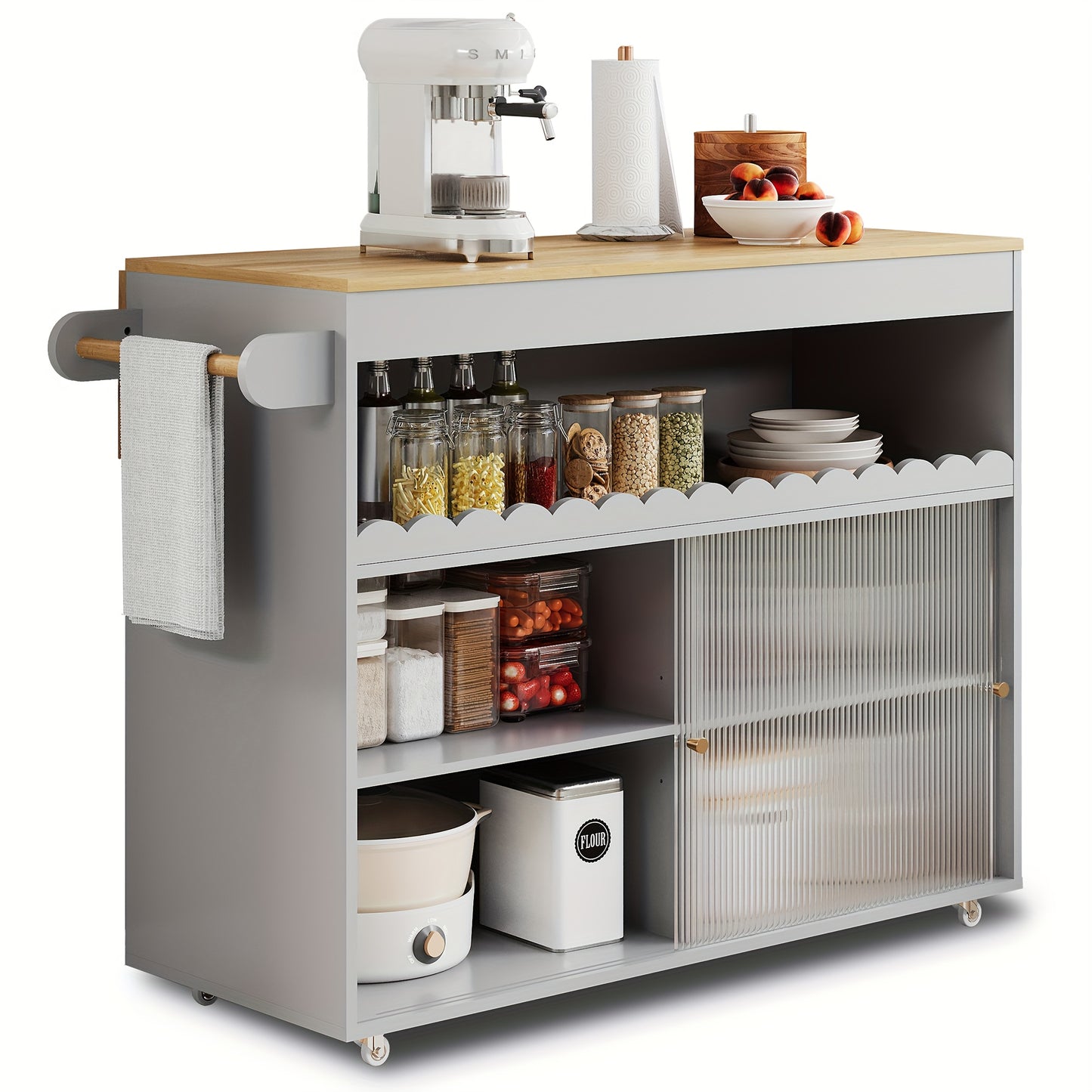 Keukeneiland – Keukentrolley – Buffetkast – Sideboard – Opbergkast – Grijs – Schuifdeur en Mobiel op Wieltjes – Ruime Opbergruimte met Open Vakken