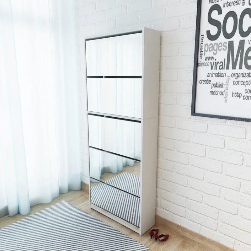Shoe Cabinet with 5 Compartments - Mirror - White - 63X17X169.5 Cm - Engineered Wood - Full Mirror Side Mounting - Adjustable Shelves - Dust-Proof Compartments