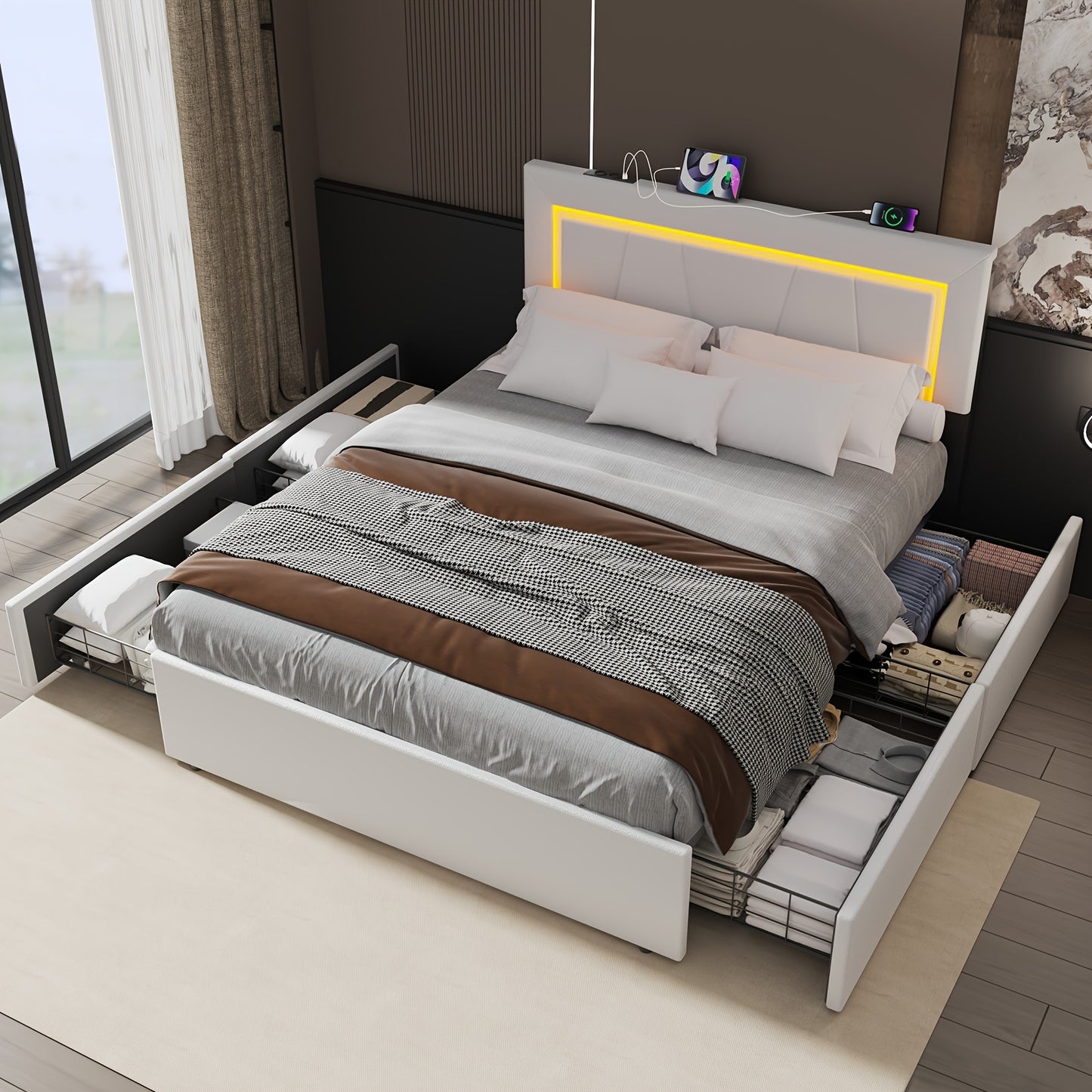 Double Bed Frame, 140x200cm Functional Upholstered Bed with LED Light And 4 Storage Drawers,, Mattress Not Included, Spacesaving Bed, Modern Bedroom Setup, Contemporary Design, Minimalist Style, Easy Assembly, Storage Bed Fra