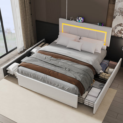 Double Bed Frame, 140x200cm Functional Upholstered Bed with LED Light And 4 Storage Drawers,, Mattress Not Included, Spacesaving Bed, Modern Bedroom Setup, Contemporary Design, Minimalist Style, Easy Assembly, Storage Bed Fra