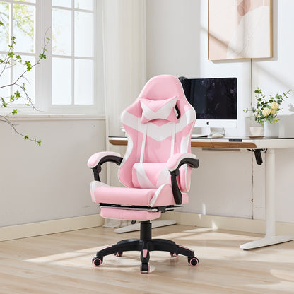 Gamingstoel – Gamestoel – Gaming Chair – Game Stoel – Bureaustoel – Ergonomisch Design – Echt Leer Hoog Rugleuning – Verstelbare Hoogte en Voetensteun – 360° Draaibaar – Zacht Roze Wit