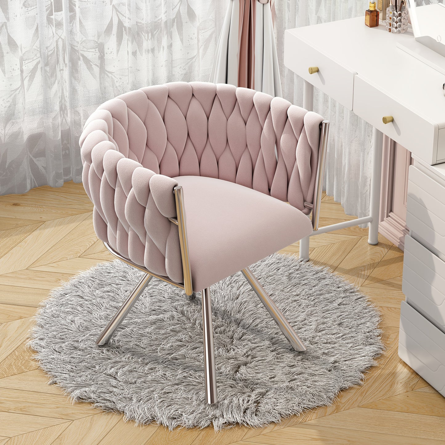 1pc Luxury Velvet Swivel Dressing Chair - Contemporary Pink Upholstery with Metal Legs, Elegant Bedroom or Vanity Stool for Makeup, Easy Assembly, No Power Needed, Makeup Vanity Chair, Modern Aesthetic, Sturdy Construction