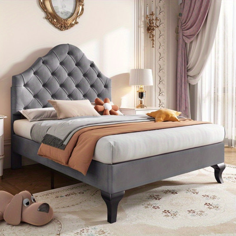 Grijs Fluwelen Bed – Eenpersoonsbed – 1-Persoonsbed – Bedframe – Slaapbed – Verstelbare Hoofdbord – Lattenbodem – 90x200 cm – Eenvoudige Montage