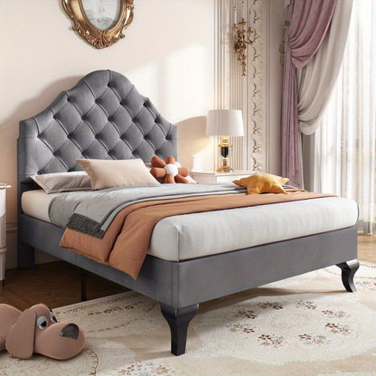 Grijs Fluwelen Bed – Eenpersoonsbed – 1-Persoonsbed – Bedframe – Slaapbed – Verstelbare Hoofdbord – Lattenbodem – 90x200 cm – Eenvoudige Montage