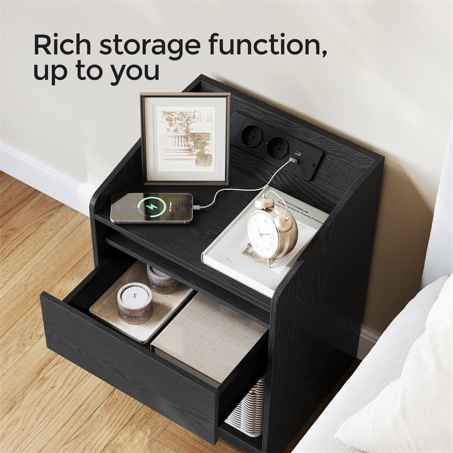 Nachtkastje – Bedside Table – Bijzettafel – Opberglade – Sfeerverlichting – Met LED-Verlichting En Oplaadstation – 2 USB-Poorten En Stopcontacten – Set Van 2 – 35x40x58 Cm – Stevig Hout – Zwart
