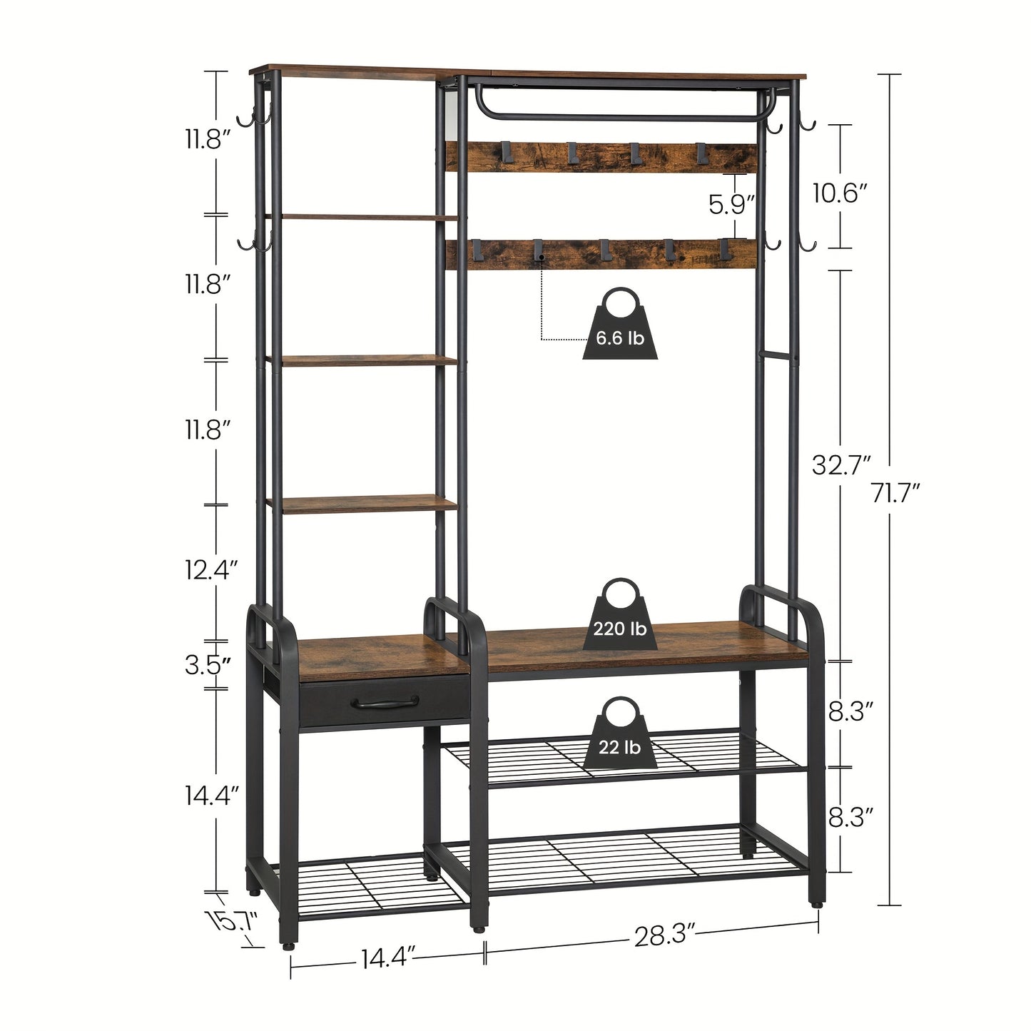 Kapstok – Staande Kapstok – Garderoberek – Schoenenrek – Wandkapstok – 5-in-1 Multifunctioneel – Hout Met Metaal – 17 Haken – Schoenbank Met Lade – 120x40x182 cm – Bruin/Zwart