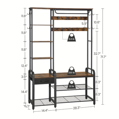 Kapstok – Staande Kapstok – Garderoberek – Schoenenrek – Wandkapstok – 5-in-1 Multifunctioneel – Hout Met Metaal – 17 Haken – Schoenbank Met Lade – 120x40x182 cm – Bruin/Zwart