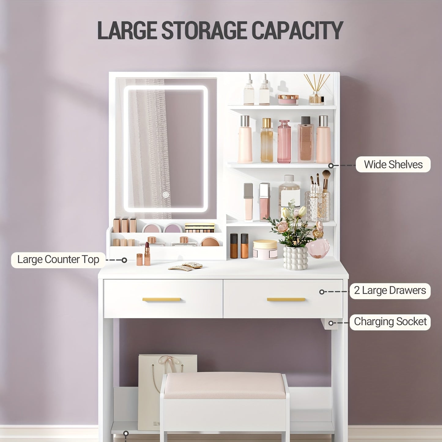Kaptafel – Make-uptafel – Cosmeticatafel – Vanity – Opmaaktafel – LED Verlichting – 2 Lades & 2 USB Stopcontacten – Wit – 80x40x140 cm – Houtvezelplaat