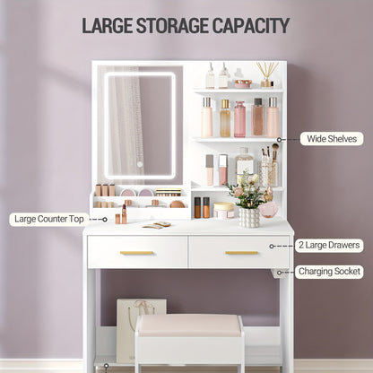 Kaptafel – Make-uptafel – Cosmeticatafel – Vanity – Opmaaktafel – LED Verlichting – 2 Lades & 2 USB Stopcontacten – Wit – 80x40x140 cm – Houtvezelplaat