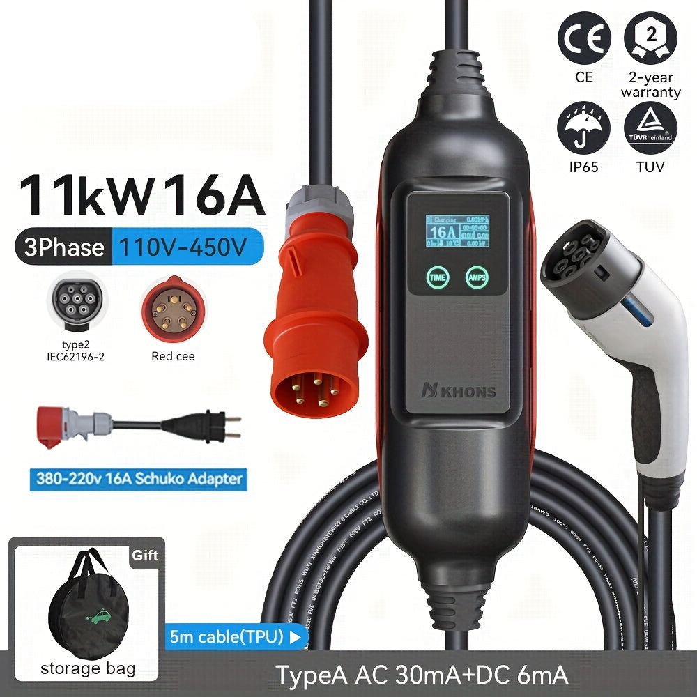 Elektrische Auto Lader – EV Lader – Mobiele Thuislader – Laadkabel – Laadstation – 11 KW 3-Fase – Inclusief 16A Schuko Adapter