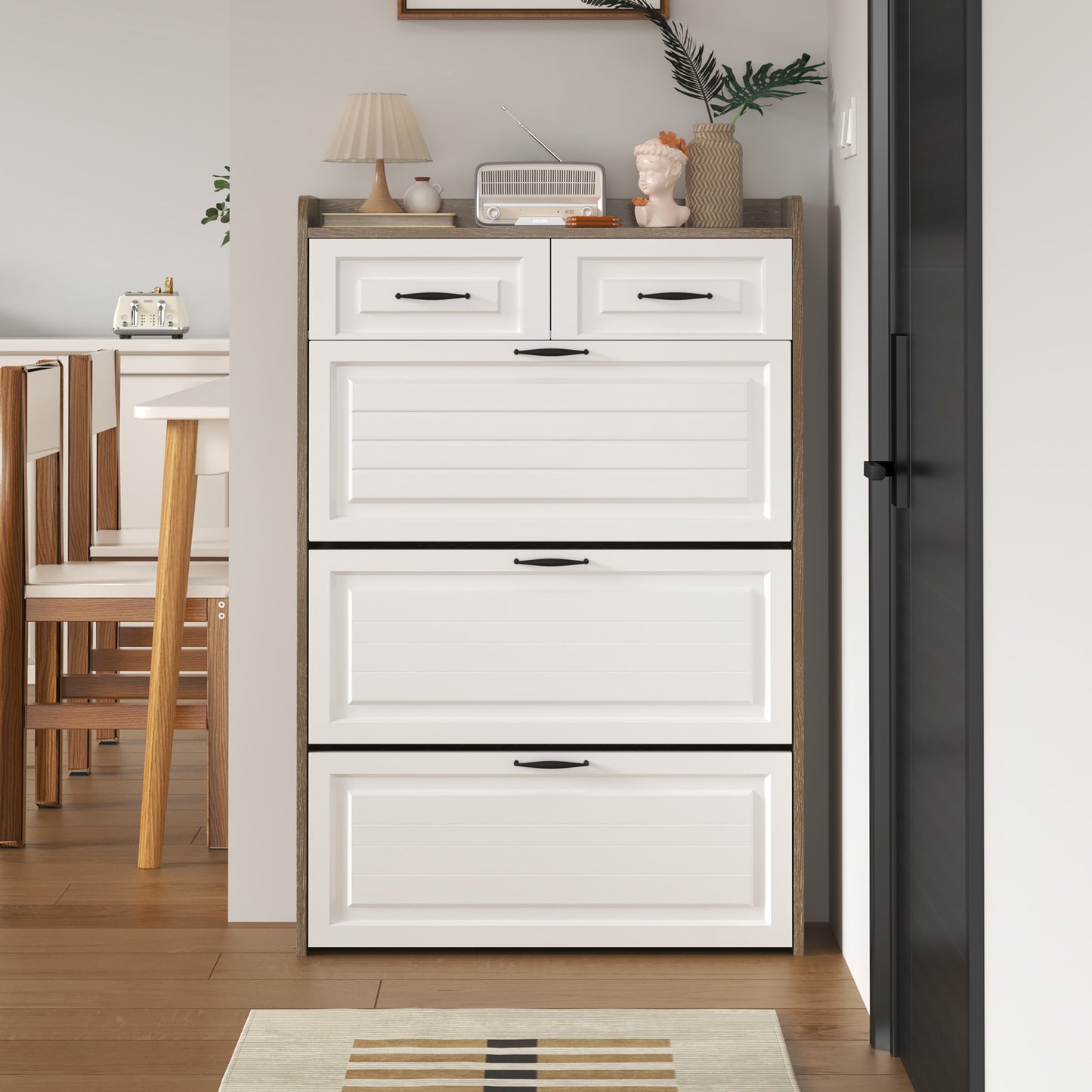 Schoenenkast – Schoenenrek – Schoenopberger – Schoenenmeubel – Schoenendisplay – Draaibare Vakken – 3 Flappen + 2 Laden – Wit Hout – Compact 80x23,5x125 cm