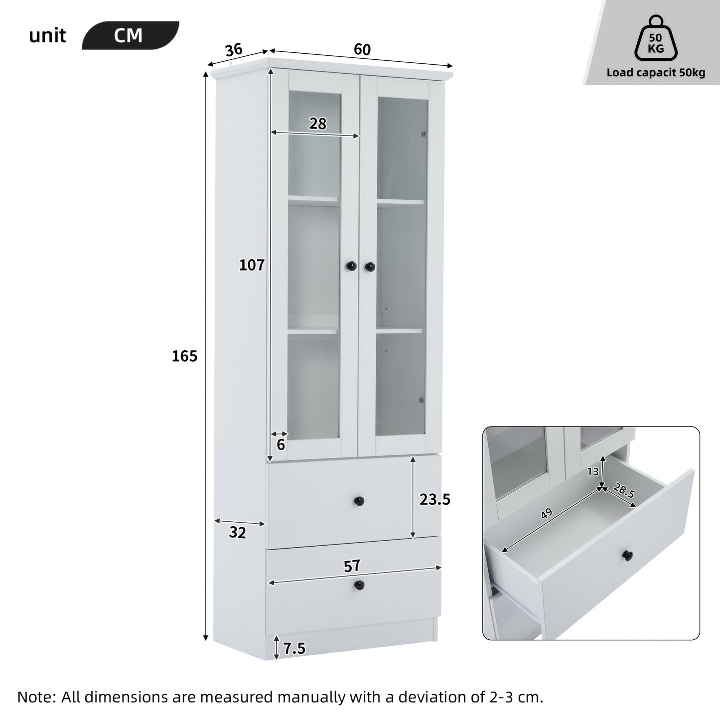 Displaykast – Vitrinekast – Glazen Kast – Opbergkast – Boekenkast – Mat Wit – 165 Cm Hoog – Verstelbare Planken & 2 Laden – Bamboe Materiaal