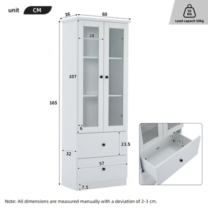 Displaykast – Vitrinekast – Glazen Kast – Opbergkast – Boekenkast – Mat Wit – 165 Cm Hoog – Verstelbare Planken & 2 Laden – Bamboe Materiaal