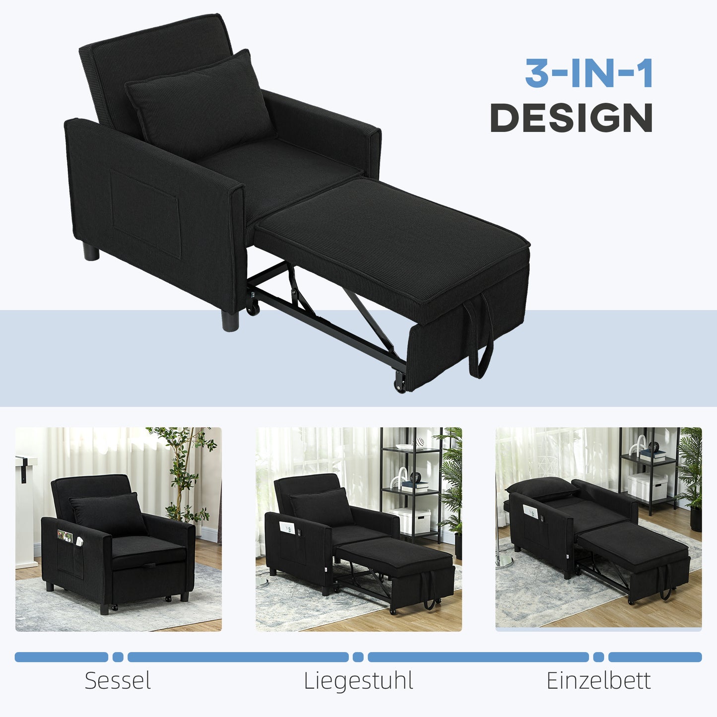 Slaapstoel – Slaapbank – Logeerbed – Slaapfauteuil – Vouwbed – Verstelbare Rugleuning – Cordstof Bekleding – Met Wieltjes en Zijvak – Blauw