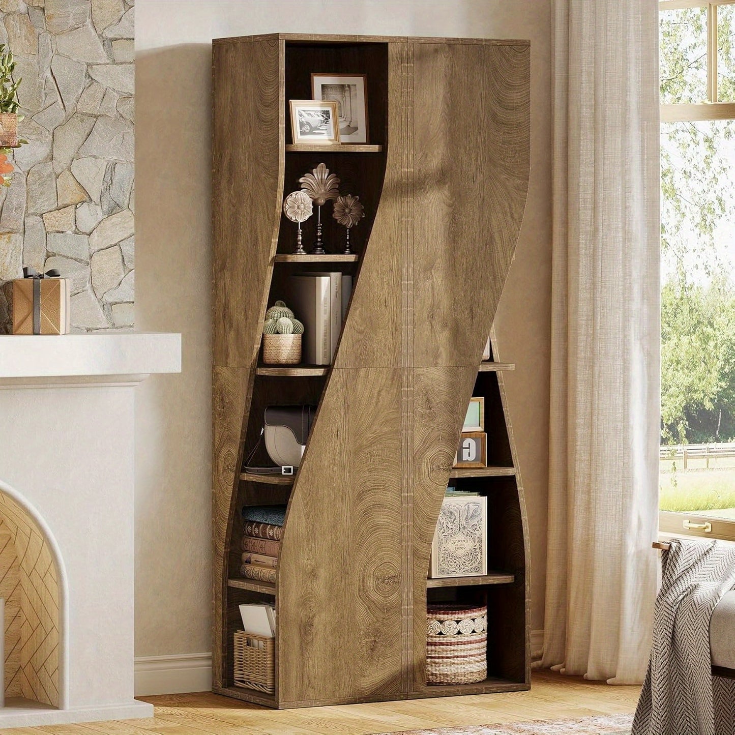 Boekenkast – Boekenrek – Vakkenkast – Opbergkast – Stellingkast – 6-laags Hoekboekenkast – Ruimtebesparend Smal Design – Duurzaam Hardhout en Multiplex